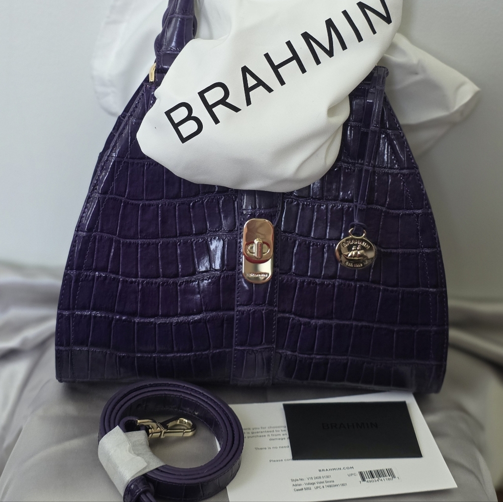 Brahmin Adrian Satchel Purple Croc Embossed Leather Voltage Violet NWT - Picture 13 of 16